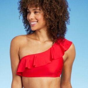 KONA SOL WOMEN'S RED ONE SHOULDER FLOUNCE BIKINI TOP. SMALL (4-6)/ NWT